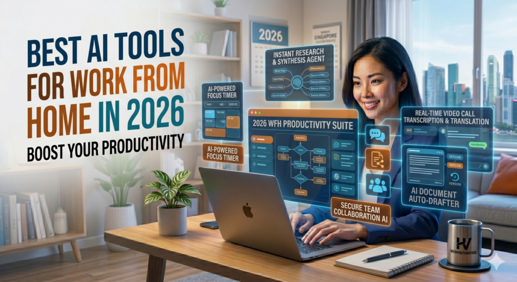 "Best AI tools for work from home in 2026 displayed on a laptop screen